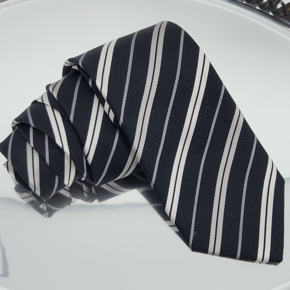 REPP Tie By Countess Mara Hand Made Silk Tie Black w/ Silver & White Stripes 60"